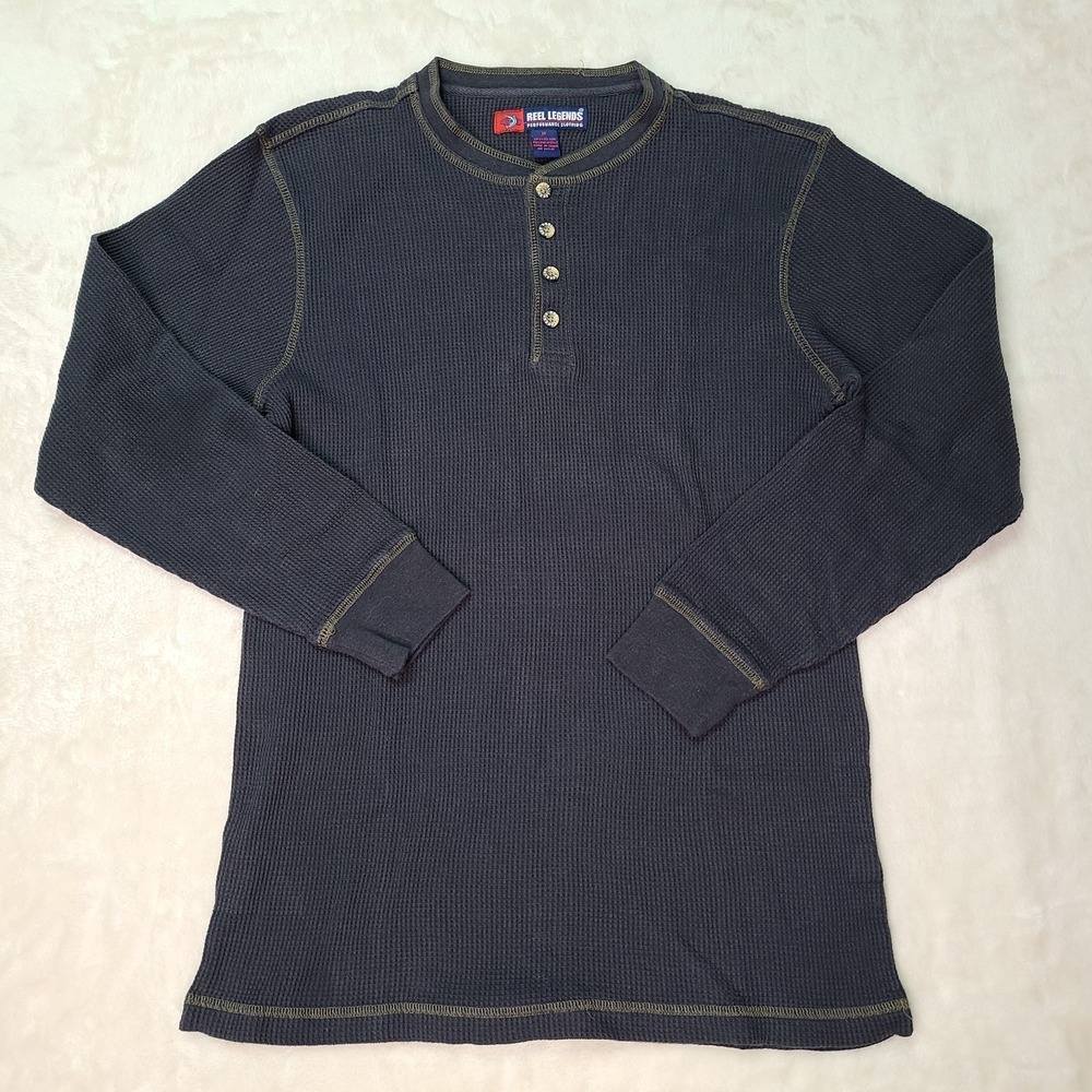 Reel Legends Mens M Henley Long Sleeve Waffle Knit Thermal Shirt Charcoal Gray